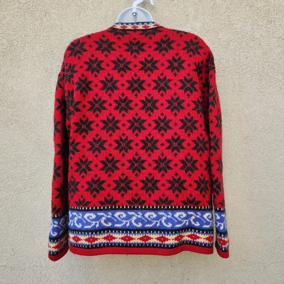 Vintage Rugged Bear Cardigan Women’s Small Red Blue Wool Nordic Zipper - Picture 2 of 9
